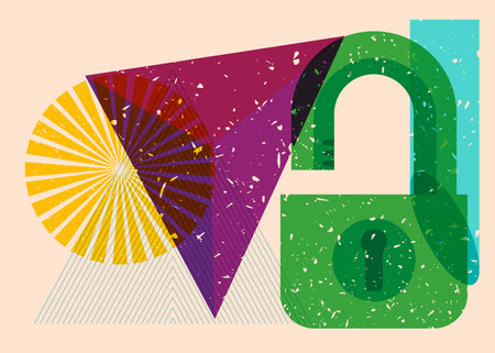 Risograph Padlock with geometric shapes. Objects in trendy riso graph print texture style design with geometry elements.のイラスト素材