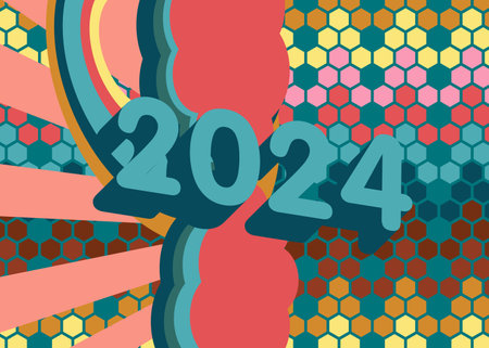 Retro 70s Background with the number 2024. Groovy holiday 1970s art template. Minimalistic Vintage design poster. Old-fashioned color artwork.のイラスト素材