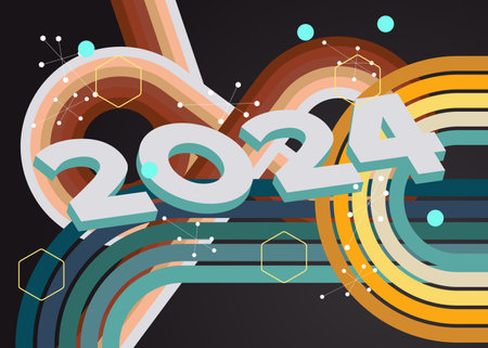 Retro 70s Background with the number 2024. Groovy holiday 1970s art template. Minimalistic Vintage design poster. Old-fashioned color artwork.のイラスト素材