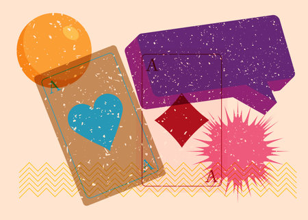 Risograph Poker Playing Card with speech bubble with geometric shapes. Objects in trendy riso graph print texture style design with geometry elements.のイラスト素材