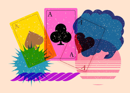 Risograph Poker Playing Card with speech bubble with geometric shapes. Objects in trendy riso graph print texture style design with geometry elements.のイラスト素材