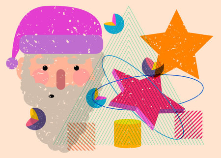 Risograph Santa Claus head, face with geometric shapes. Objects in trendy riso graph print texture style design with geometry elements.のイラスト素材