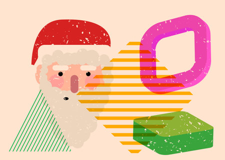 Risograph Santa Claus head, face with geometric shapes. Objects in trendy riso graph print texture style design with geometry elements.のイラスト素材