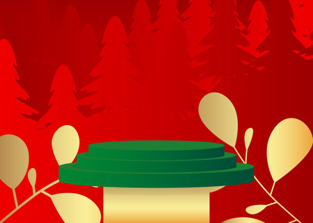 Mockup product display with Christmas Pine Tree. Vector holiday cylinder pedestal podium. Stage showcase for presentation. Minimal geometric forms.のイラスト素材