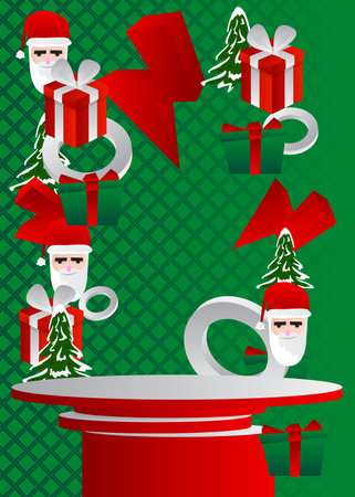 Christmas mockup product display with Santa Claus, pine tree and gift box. Vector cylinder holiday pedestal podium. Stage showcase for Festive presentation. Minimal geometric forms.のイラスト素材