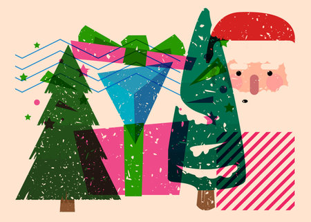 Risograph holiday, Christmas with geometric shapes. Pine Tree, Gift Box, Santa Claus Head with objects in trendy riso graph print texture style design with geometry elements.のイラスト素材