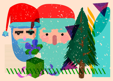 Risograph holiday, Christmas with geometric shapes. Pine Tree, Gift Box, Santa Claus Head with objects in trendy riso graph print texture style design with geometry elements.のイラスト素材