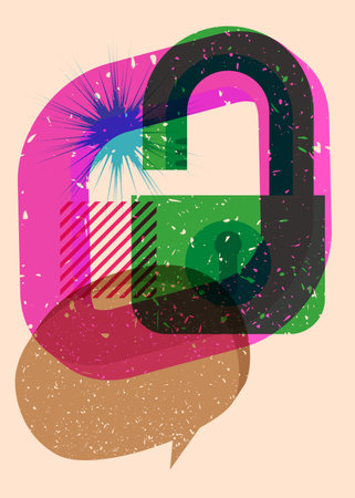 Risograph Padlock with speech bubble with geometric shapes. Objects in trendy riso graph print texture style design with geometry elements.のイラスト素材