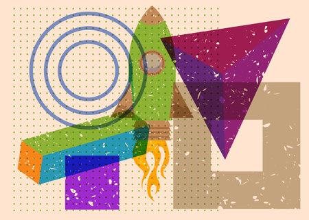 Risograph Rocketship with geometric shapes. Objects in trendy riso graph print texture style design with geometry elements.のイラスト素材