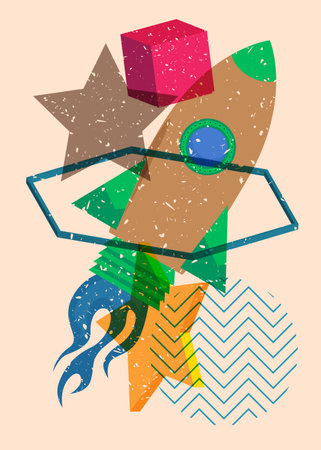 Risograph Rocketship with geometric shapes. Objects in trendy riso graph print texture style design with geometry elements.のイラスト素材