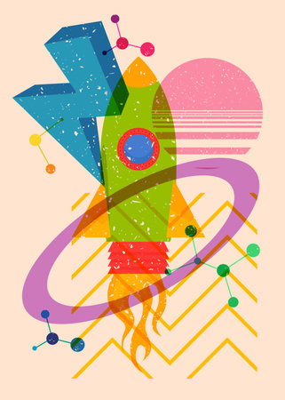 Risograph Rocketship with geometric shapes. Objects in trendy riso graph print texture style design with geometry elements.のイラスト素材