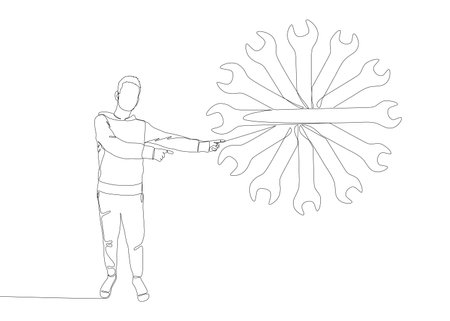 One continuous line of Man pointing with finger at Wrench. Thin Line Illustration vector concept. Contour Drawing Creative ideas.のイラスト素材