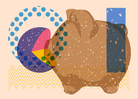 Risograph Piglet with geometric shapes. Objects in trendy riso graph print texture style design with geometry elements.のイラスト素材