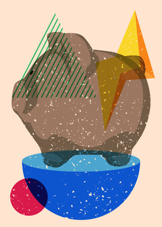 Risograph Piglet with geometric shapes. Objects in trendy riso graph print texture style design with geometry elements.のイラスト素材