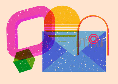 Risograph Mail letter envelope with geometric shapes. Newsletter in trendy riso graph print texture style design with geometry elements.のイラスト素材
