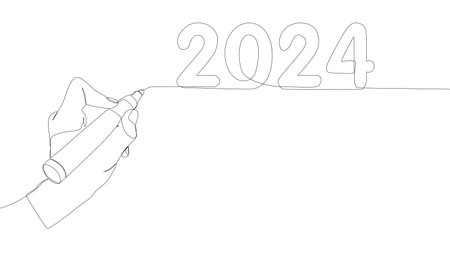 One continuous line of number 2024 written by with felt tip pen. Thin Line Illustration vector concept. Contour Drawing Creative ideas.のイラスト素材