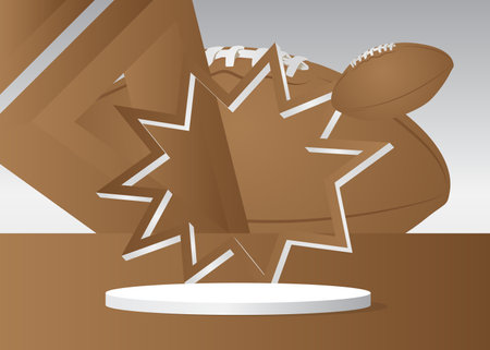 Mockup product display with American Football Ball. Vector cylinder pedestal podium. Stage showcase for presentation. Minimal geometric forms.のイラスト素材