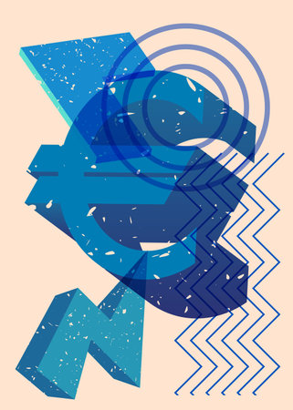 Risograph Euro sign, Currency Symbol with geometric shapes. Objects in trendy riso graph print texture style design with geometry elements.のイラスト素材