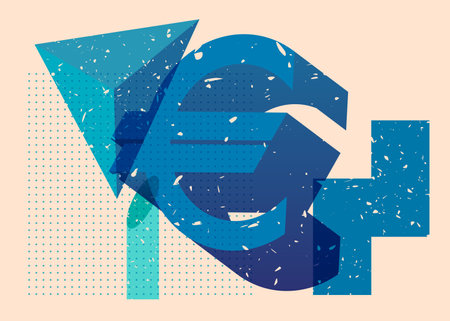Risograph Euro sign, Currency Symbol with geometric shapes. Objects in trendy riso graph print texture style design with geometry elements.のイラスト素材