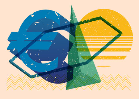 Risograph Euro sign, Currency Symbol with geometric shapes. Objects in trendy riso graph print texture style design with geometry elements.のイラスト素材