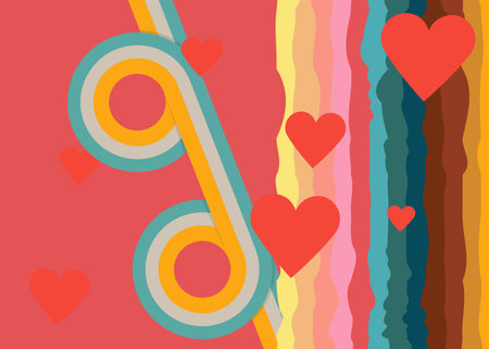 Retro 70s Background with hearts. Groovy Valentine's Day 1970s art template. Minimalistic Vintage...