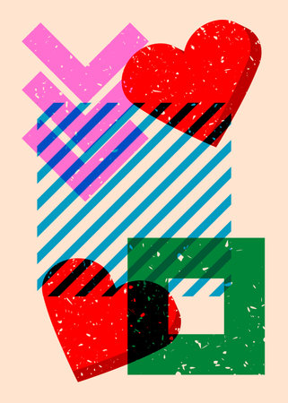 Risograph Red Heart with geometric shapes. Objects in trendy riso graph print texture style design with geometry elements.のイラスト素材