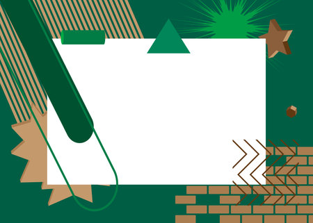 Green and brown geometrical graphic retro theme background with place for text. Minimal geometric elements frame. Vintage abstract shapes vector illustration for advertising.のイラスト素材