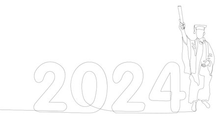 One continuous line of university student graduation with number 2024. Thin Line Illustration vector concept. Contour Drawing Creative ideas.のイラスト素材