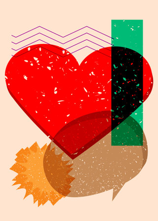 Risograph red heart with speech bubble with geometric shapes. Objects in trendy riso graph print texture style design with geometry elements.のイラスト素材