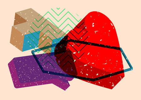 Risograph red heart with speech bubble with geometric shapes. Objects in trendy riso graph print texture style design with geometry elements.のイラスト素材