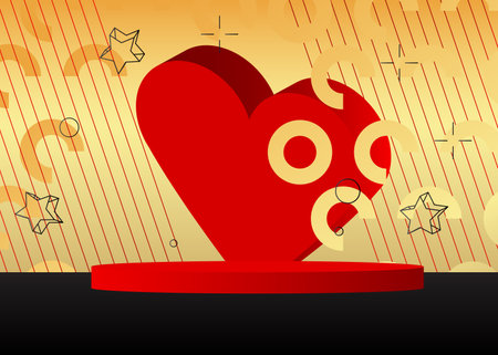 Red, gold and black mockup product display with hearts. Valentine's Day cylinder pedestal podium. Stage showcase for presentation. Minimal geometric forms.のイラスト素材