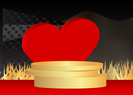 Red, gold and black mockup product display with hearts. Valentine's Day cylinder pedestal podium. Stage showcase for presentation. Minimal geometric forms.のイラスト素材