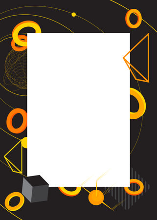 Black and yellow geometrical graphic retro theme background with place for text. Minimal geometric elements frame. Vintage abstract shapes vector illustration for advertising.のイラスト素材