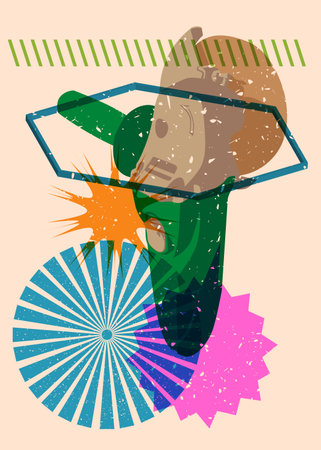 Risograph Angle grinder, Power Tool with geometric shapes. Objects in trendy riso graph print texture style design with geometry elements.のイラスト素材