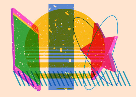 Risograph Smart Phone with geometric shapes. Objects in trendy riso graph print texture style design with geometry elements.のイラスト素材