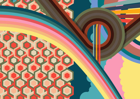 Retro 70s Background. Groovy abstract 1970s art template. Vintage design poster. Old-fashioned abstract artwork.のイラスト素材