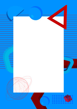 Blue and red geometrical graphic retro theme background with place for text. Minimal geometric elements frame. Vintage abstract shapes vector illustration for advertising.のイラスト素材