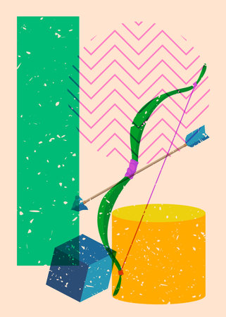 Risograph Bow and arrow with geometric shapes. Objects in trendy riso graph print texture style...