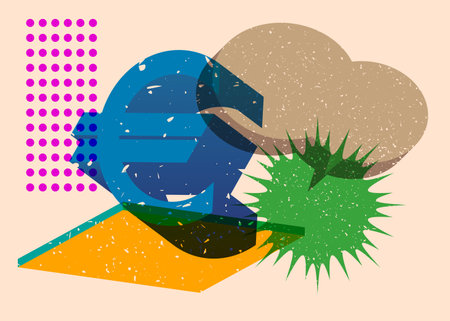 Risograph Euro Currency symbol with speech bubble with geometric shapes. Objects in trendy riso graph print texture style design with geometry elements.のイラスト素材