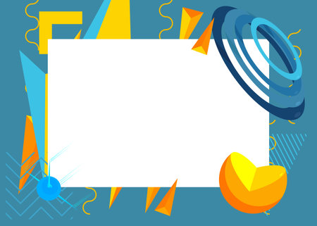 Blue, yellow geometrical graphic retro theme background with place for text. Minimal geometric elements frame. Vintage abstract shapes vector illustration for advertising.のイラスト素材