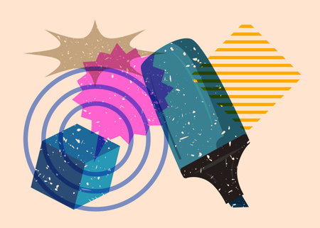 Risograph Felt Tip Pen with speech bubble with geometric shapes. Objects in trendy riso graph print texture style design with geometry elements.のイラスト素材