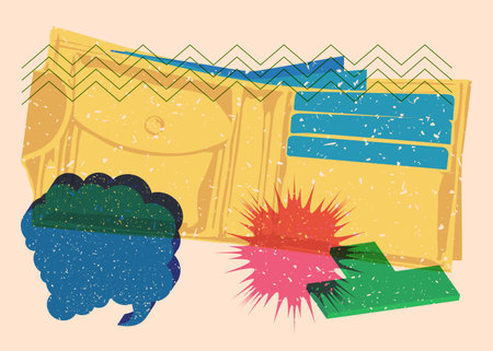 Risograph wallet with speech bubble with geometric shapes. Objects in trendy riso graph print...