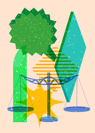 Risograph Scale with speech bubble with geometric shapes. Objects in trendy riso graph print texture style design with geometry elements.のイラスト素材