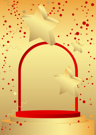 Red and gold mockup product display. Vector cylinder pedestal podium. Minimal stage showcase for presentation.のイラスト素材