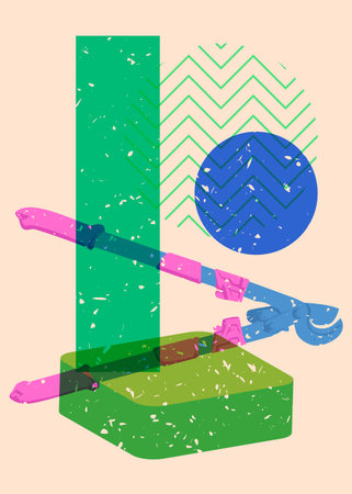Risograph Heavy Duty Large Cable Cutter, old cutter for wire or steel bars with geometric shapes. Objects in trendy riso graph print texture.のイラスト素材