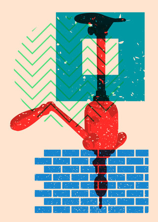 Risograph Antique Drill brace with geometric shapes. Metal tool for drilling holes in trendy riso graph print texture style design with geometry elements.のイラスト素材