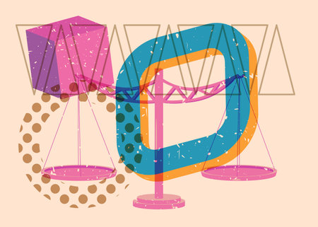 Risograph Scale with geometric shapes. Objects in trendy riso graph print texture style design with geometry elements.のイラスト素材