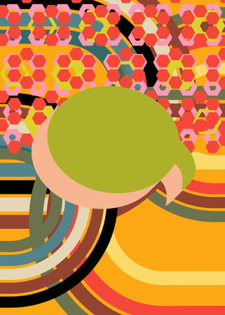 Retro 70s Background with Speech Bubble. Groovy Chat 1970s art template. Minimalistic Vintage design poster. Old-fashioned color artwork.のイラスト素材