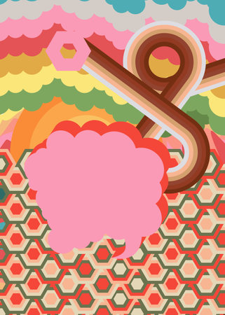 Retro 70s Background with Speech Bubble. Groovy Chat 1970s art template. Minimalistic Vintage design poster. Old-fashioned color artwork.のイラスト素材
