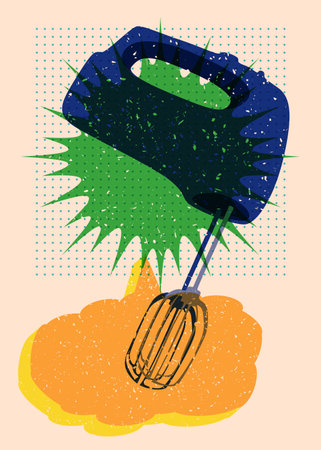 Risograph mixer with speech bubble with geometric shapes. Objects in trendy riso graph print texture style design with geometry elements.のイラスト素材